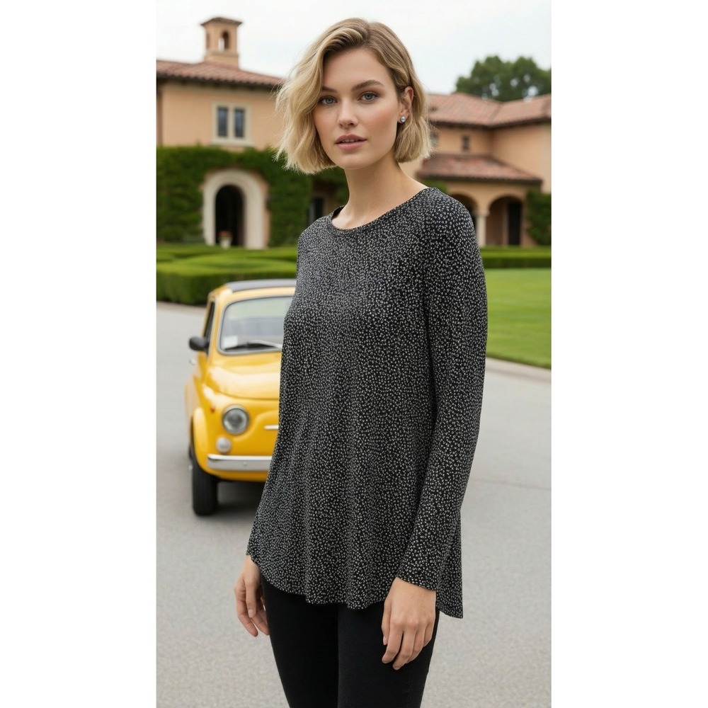 Nautical Polka Dot Black White Knit Long Sleeve Round Neck Blouse Women's Size L
